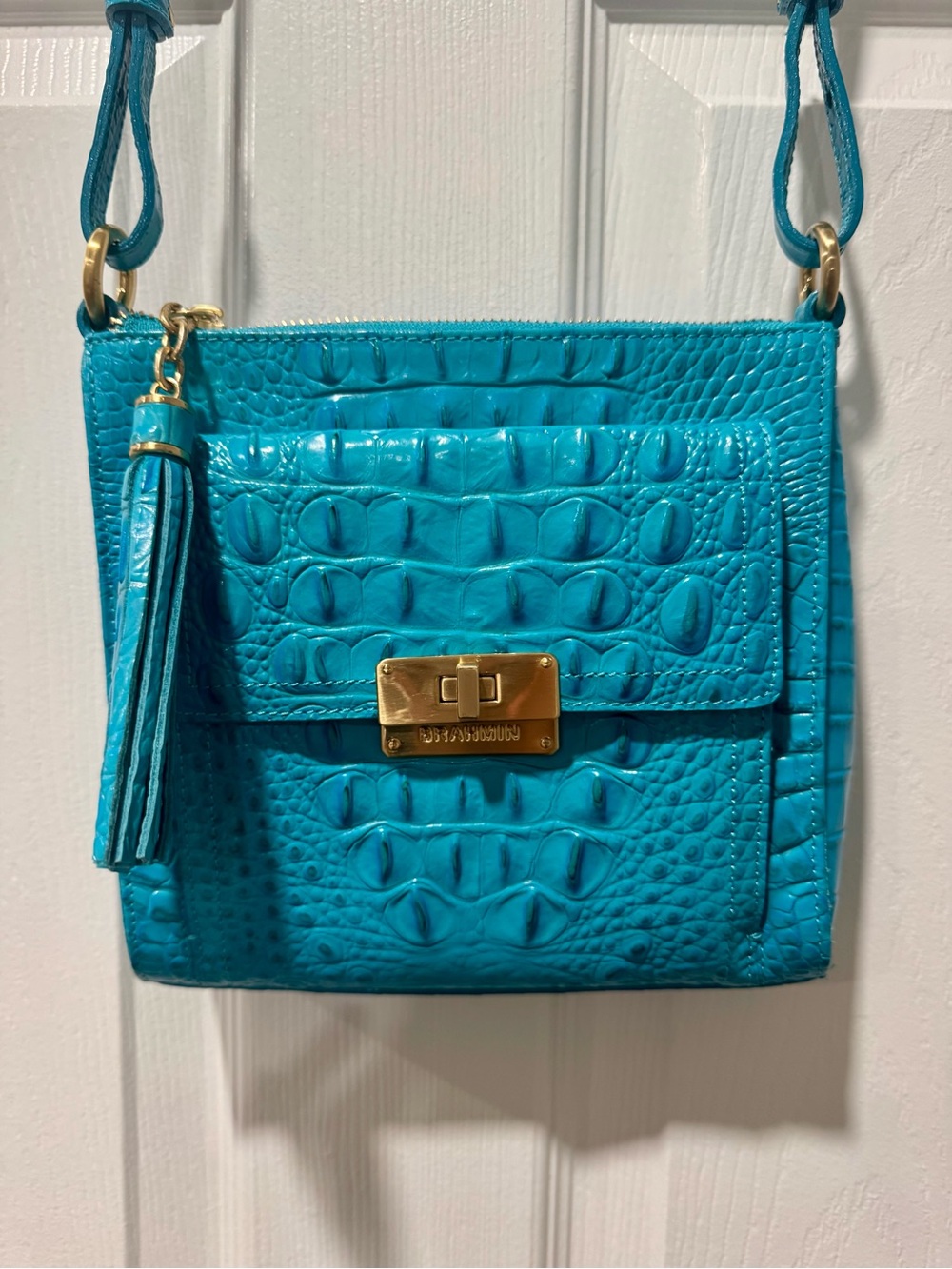 Brahmin Teal Croc-Embossed Leather Crossbody with Tassel